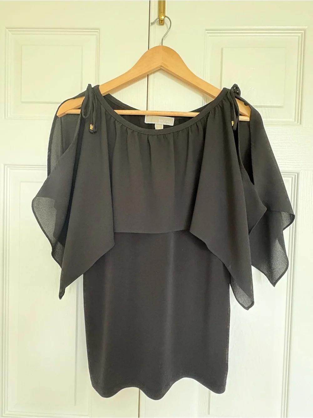 Michael Kors Black Cold-Shoulder Black Ruffle Top with Tie Details